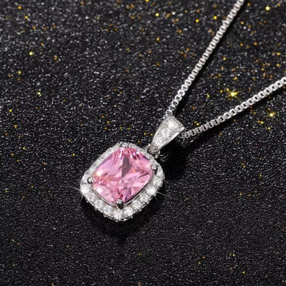 NEW 925 Sterling Silver Pink Sapphire Diamond Necklace - Picture 3 of 4
